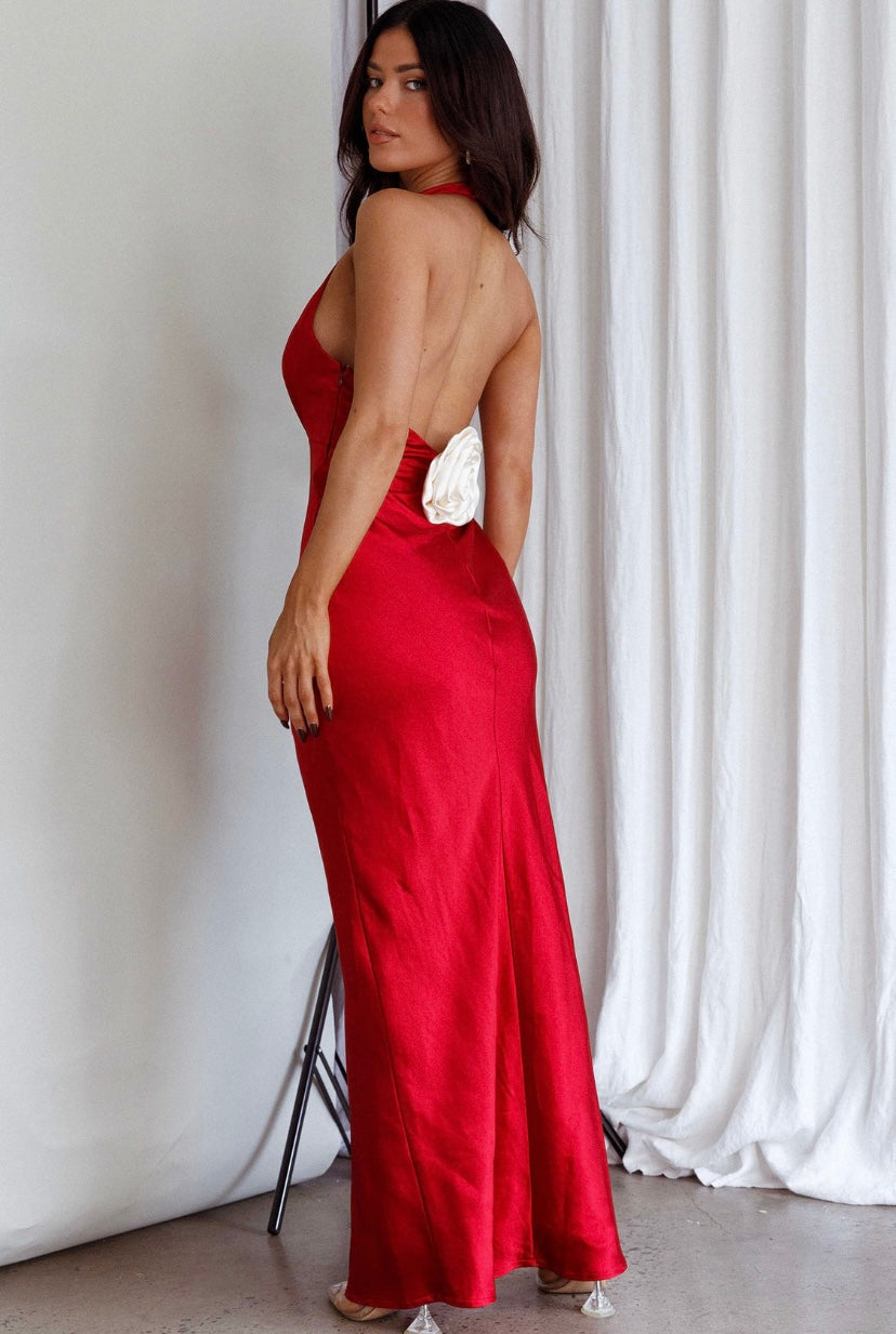 Of Your Dreams Rose Accent Halter Maxi Dress